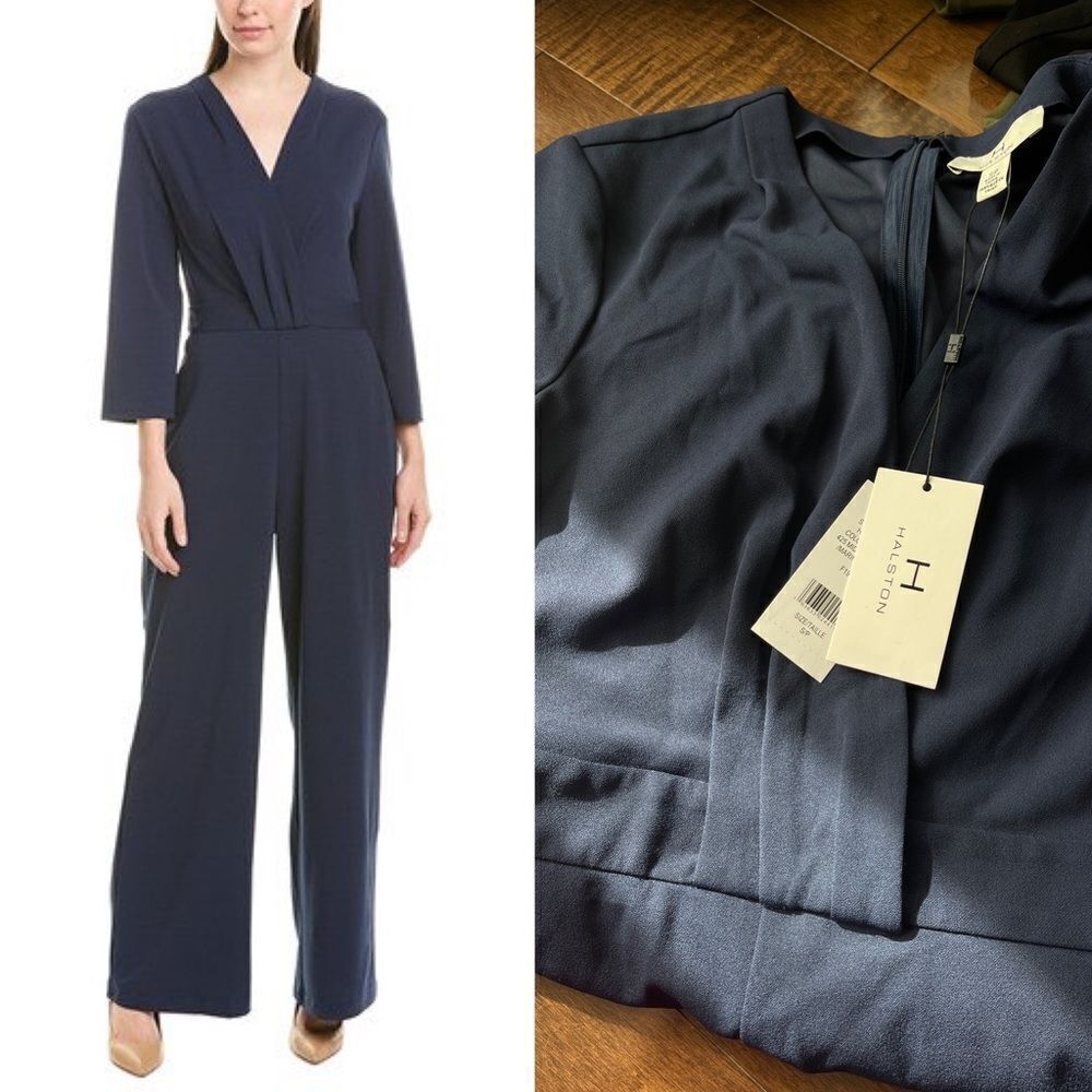 H Halston Womens Jumpsuit Navy NEW